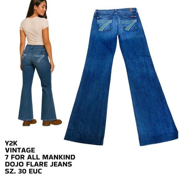 Y2K VTG. 7 FOR ALL MANKIND DOJO DARK WASH FLARE JEANS SZ. 30" EUC - Picture 1 of 6